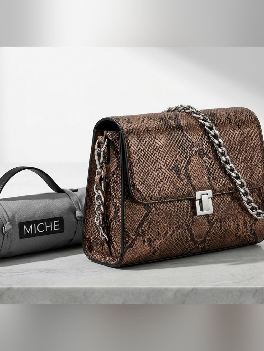 Miche Classic Base Bag & Jen Shell Set | Snake Print & Silver Chains